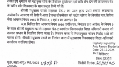 Photo of बजाग कार्यालय में पदस्थ सहायक ग्रेड-2 मधुबाला परस्ते निलंबित- नौकरी दिलाने के नाम पर घूस लेने का आरोप 